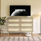 Comò a 6 cassetti in Rattan per camera da letto, Comò doppio grande con cassetti profondi, Cassettiera in legno per armadio con piano ampio