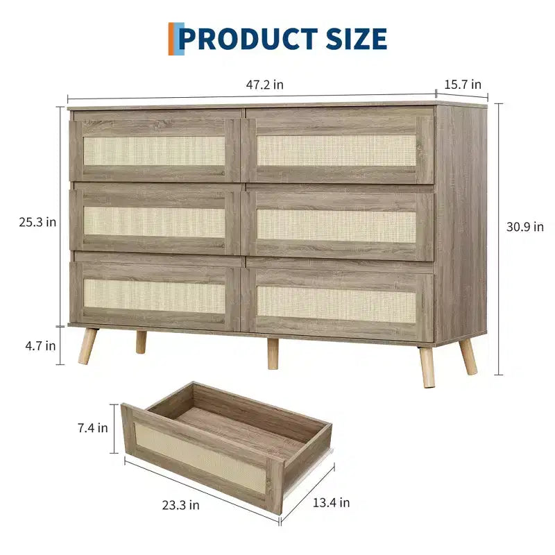 Comò a 6 cassetti in Rattan per camera da letto, Comò doppio grande con cassetti profondi, Cassettiera in legno per armadio con piano ampio