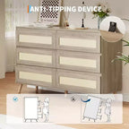 Comò a 6 cassetti in Rattan per camera da letto, Comò doppio grande con cassetti profondi, Cassettiera in legno per armadio con piano ampio