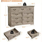 Cassettiera per Camera da Letto con 9 Cassetti, Comò Vintage Largo 119 cm con Maniglie in Metallo e Texture Naturale, Cassettiera in Legno per Soggiorno, Ingresso