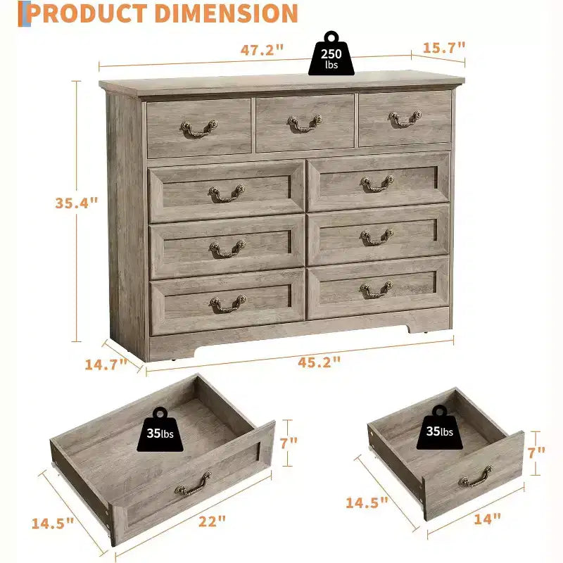 Cassettiera per Camera da Letto con 9 Cassetti, Comò Vintage Largo 119 cm con Maniglie in Metallo e Texture Naturale, Cassettiera in Legno per Soggiorno, Ingresso