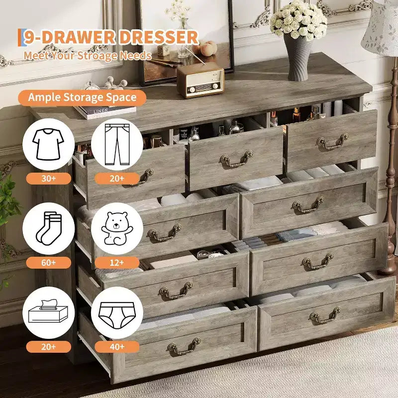 Cassettiera per Camera da Letto con 9 Cassetti, Comò Vintage Largo 119 cm con Maniglie in Metallo e Texture Naturale, Cassettiera in Legno per Soggiorno, Ingresso