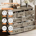 Cassettiera per Camera da Letto con 9 Cassetti, Comò Vintage Largo 119 cm con Maniglie in Metallo e Texture Naturale, Cassettiera in Legno per Soggiorno, Ingresso