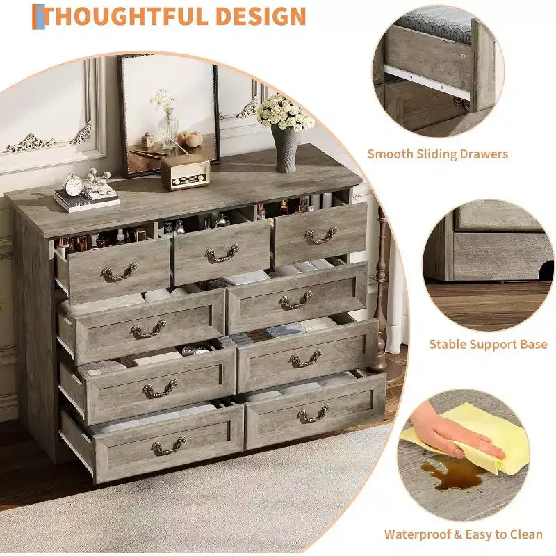 Cassettiera per Camera da Letto con 9 Cassetti, Comò Vintage Largo 119 cm con Maniglie in Metallo e Texture Naturale, Cassettiera in Legno per Soggiorno, Ingresso