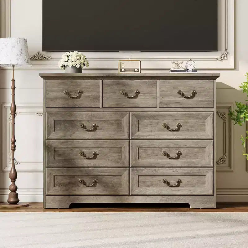 Cassettiera per Camera da Letto con 9 Cassetti, Comò Vintage Largo 119 cm con Maniglie in Metallo e Texture Naturale, Cassettiera in Legno per Soggiorno, Ingresso