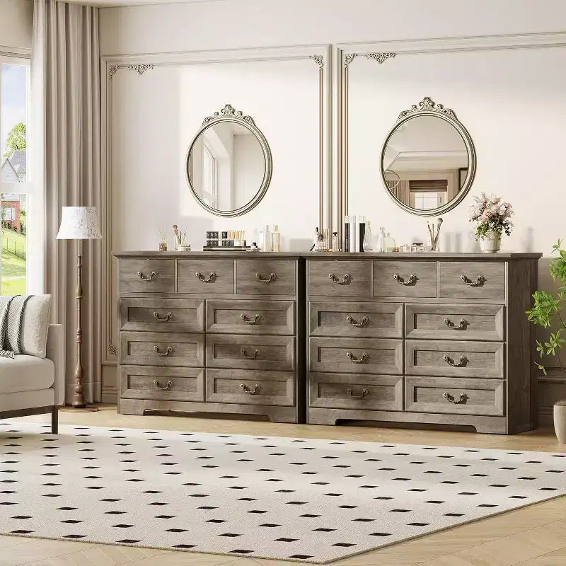 Cassettiera per Camera da Letto con 9 Cassetti, Comò Vintage Largo 119 cm con Maniglie in Metallo e Texture Naturale, Cassettiera in Legno per Soggiorno, Ingresso