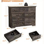 Cassettiera per Camera da Letto con 9 Cassetti, Comò Vintage Largo 119 cm con Maniglie in Metallo e Texture Naturale, Cassettiera in Legno per Soggiorno, Ingresso