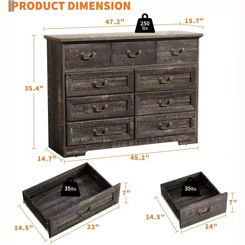 Cassettiera per Camera da Letto con 9 Cassetti, Comò Vintage Largo 119 cm con Maniglie in Metallo e Texture Naturale, Cassettiera in Legno per Soggiorno, Ingresso