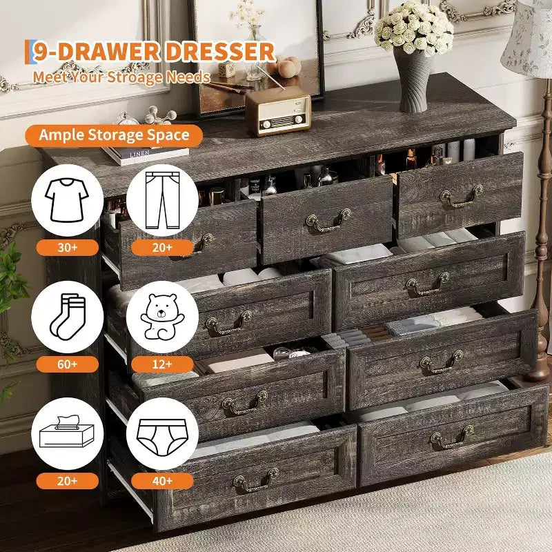 Cassettiera per Camera da Letto con 9 Cassetti, Comò Vintage Largo 119 cm con Maniglie in Metallo e Texture Naturale, Cassettiera in Legno per Soggiorno, Ingresso