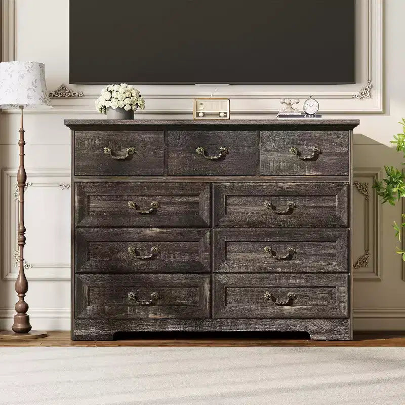 Cassettiera per Camera da Letto con 9 Cassetti, Comò Vintage Largo 119 cm con Maniglie in Metallo e Texture Naturale, Cassettiera in Legno per Soggiorno, Ingresso