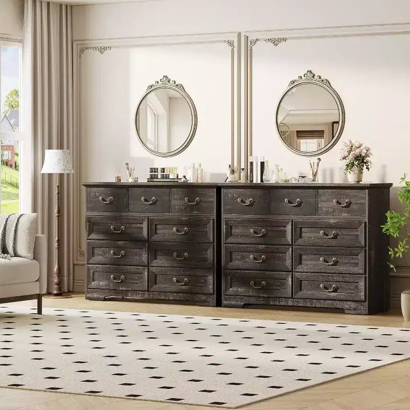 Cassettiera per Camera da Letto con 9 Cassetti, Comò Vintage Largo 119 cm con Maniglie in Metallo e Texture Naturale, Cassettiera in Legno per Soggiorno, Ingresso