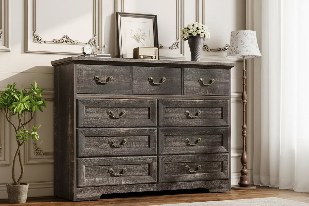 Dresser for Bedroom with 9 Drawers,47 Wide Vintage Chest of Drawers with Metal Handle & Natural Texture,Wood Dresser for Living Room,Hallway