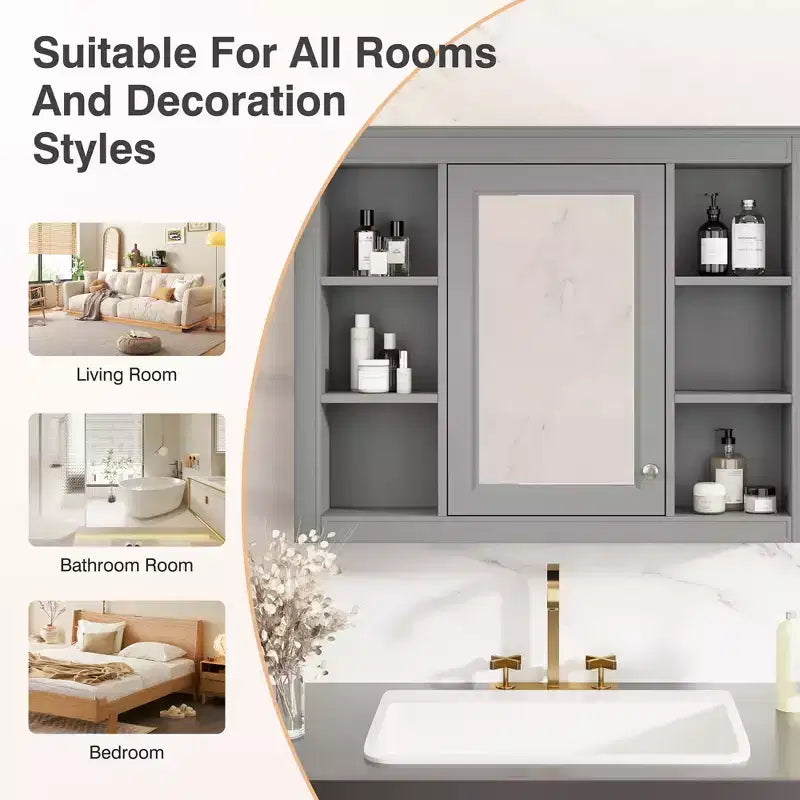 Armadietto a specchio da bagno 35 x 27.5 con 6 ripiani aperti, mobiletto pensile (senza mobiletto sottolavabo)