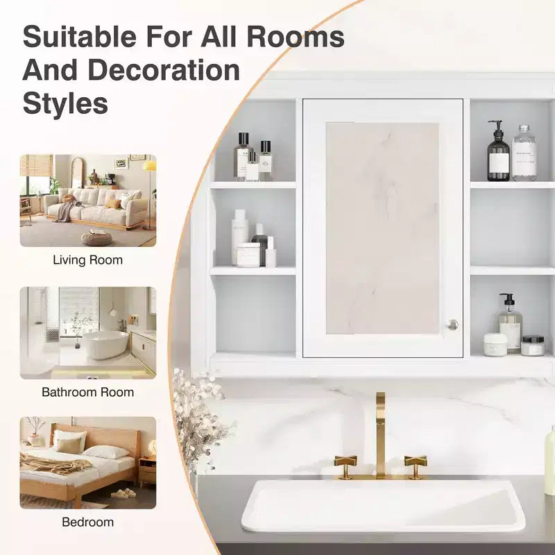 Armadietto a specchio da bagno 35 x 27.5 con 6 ripiani aperti, mobiletto pensile (senza mobiletto sottolavabo)