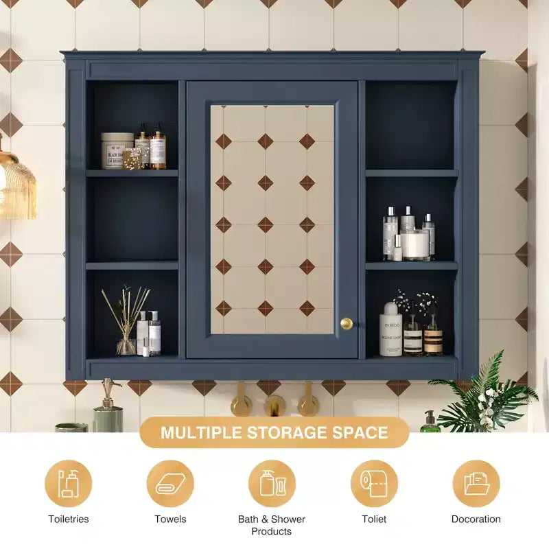 Armadietto a specchio da bagno 35 x 27.5 con 6 ripiani aperti, mobiletto pensile (senza mobiletto sottolavabo)
