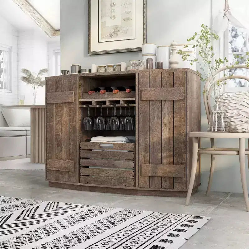 Credenza da Pranzo Ispirata al Candy Plank con Cassetta Rimovibile in Rovere Recuperato: Contenitore da Cucina, Porta Bicchieri