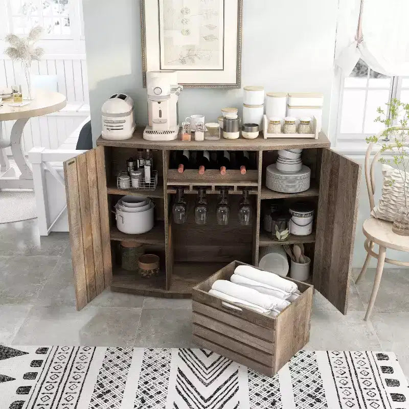 Credenza da Pranzo Ispirata al Candy Plank con Cassetta Rimovibile in Rovere Recuperato: Contenitore da Cucina, Porta Bicchieri