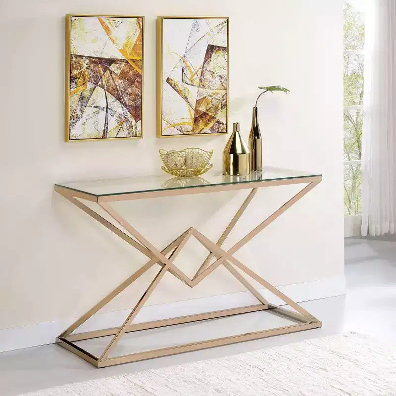 Tavolino da Divano con Piano in Vetro e Placcatura Dorata - : Struttura in acciaio, Ingresso, Design moderno, 120 cm L