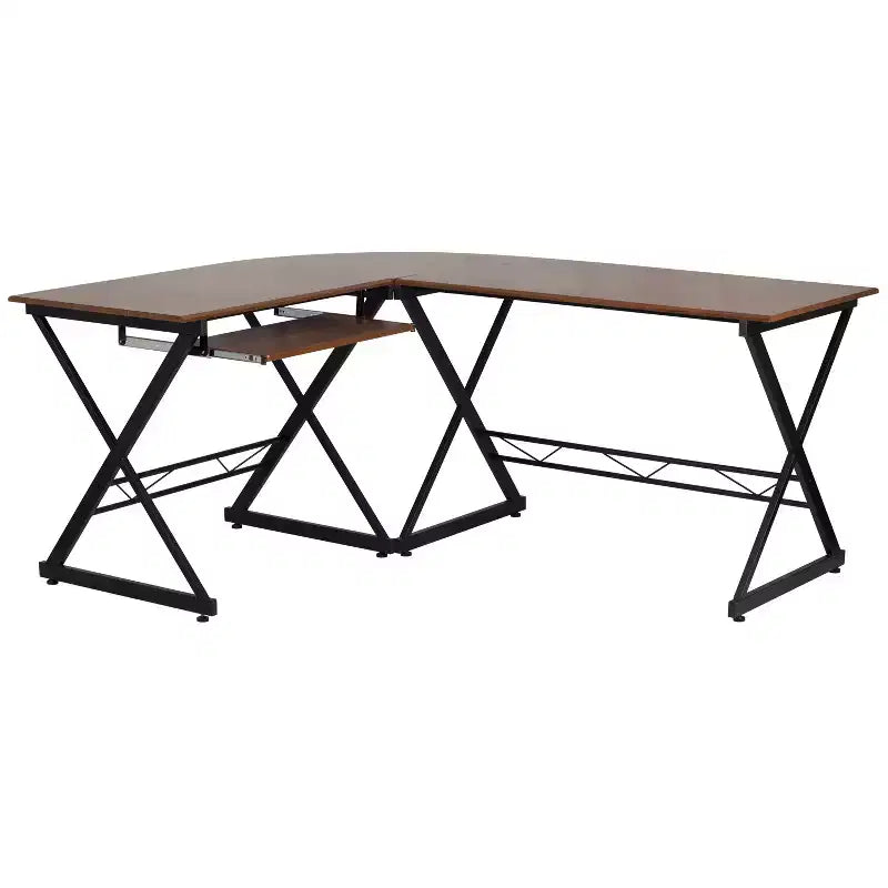 Scrivania angolare per computer in laminato Teakwood con vassoio estraibile per tastiera