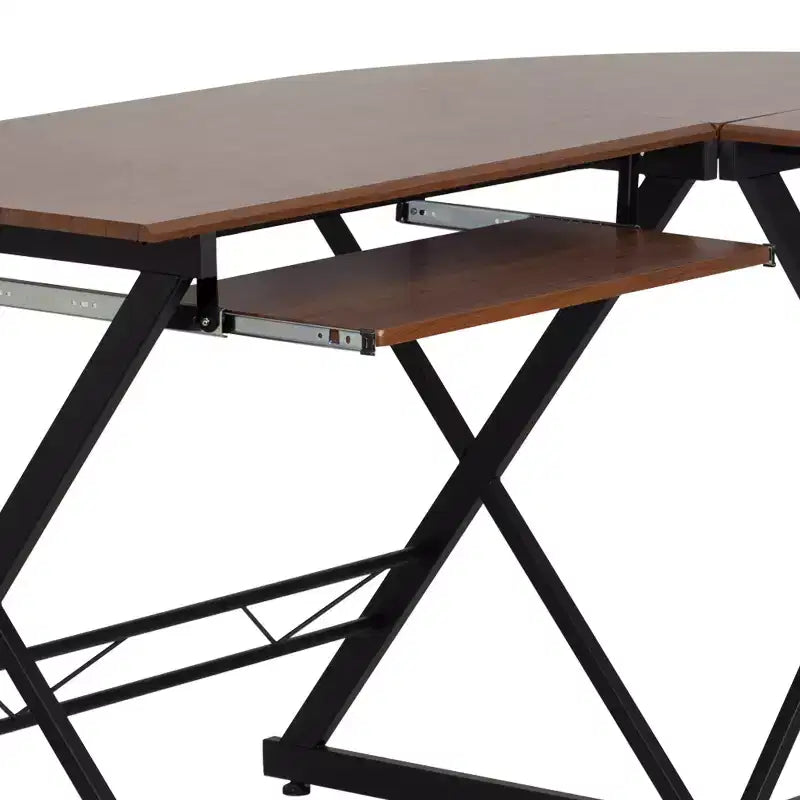 Scrivania angolare per computer in laminato Teakwood con vassoio estraibile per tastiera