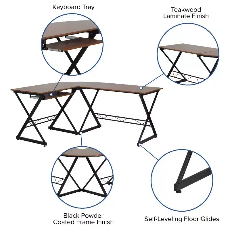 Scrivania angolare per computer in laminato Teakwood con vassoio estraibile per tastiera