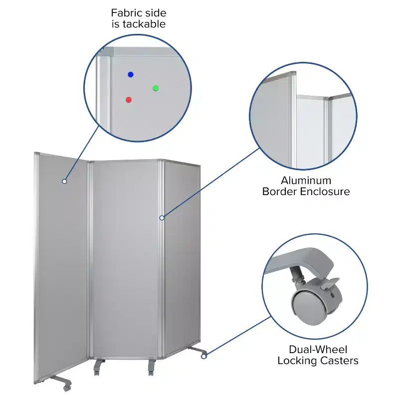Lavagna magnetica/separé in tessuto mobile bifacciale con ruote bloccabili, 72A x 24L (3 sezioni incluse)