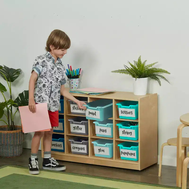Mobile con 12 scomparti e 15 contenitori frontali a paletta, 3x4, Mobili per bambini