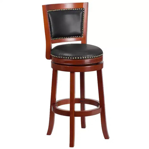30H Open Panel Back Wood Barstool with Leather Swivel Seat